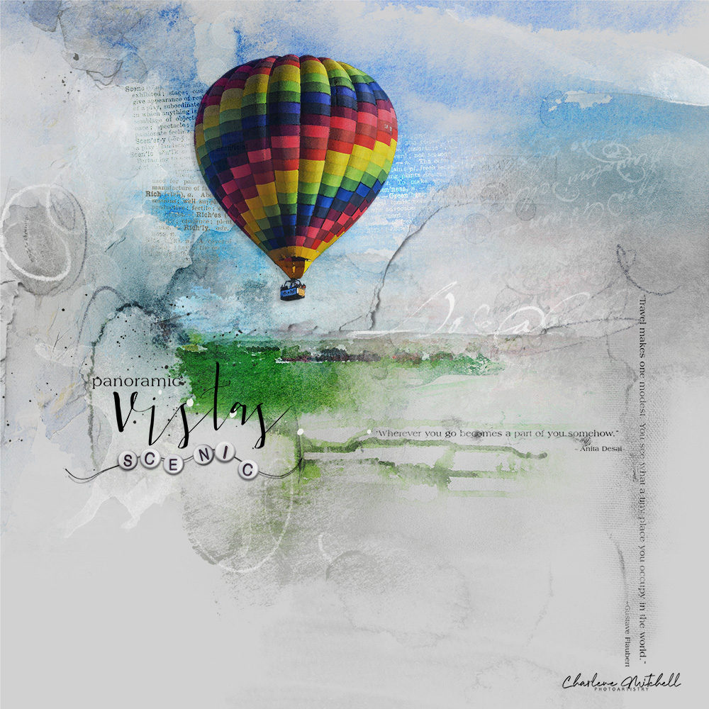 Anna Aspnes Designs ArtPlay Scenic Collection Hot Air Balloon Landscape Digital Scrapbook and Photo Artistry Page Inspiration by Charlene Mitchell