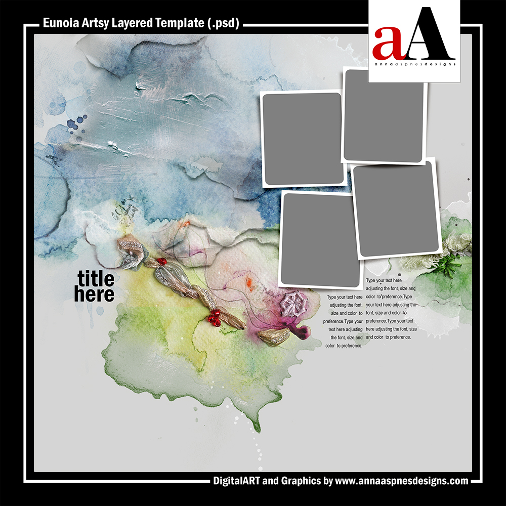 Eunoia Artsy Layered Template digital art and assets by Anna Aspnes Designs for digital scrapbooking and photo artistry.
