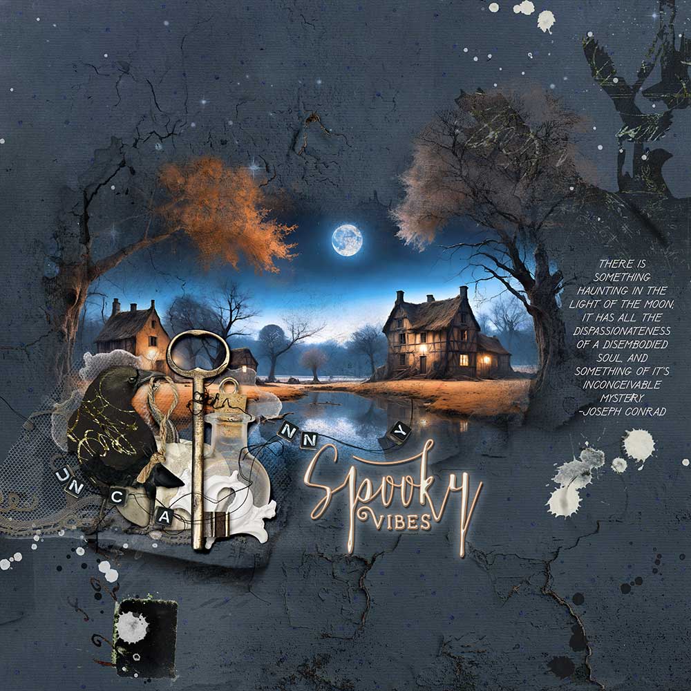 ArtPlay Uncanny Collection Inspiration Spooky Vibes Digital Scrapbooking and Photo Artistry Page by Susan Lacy