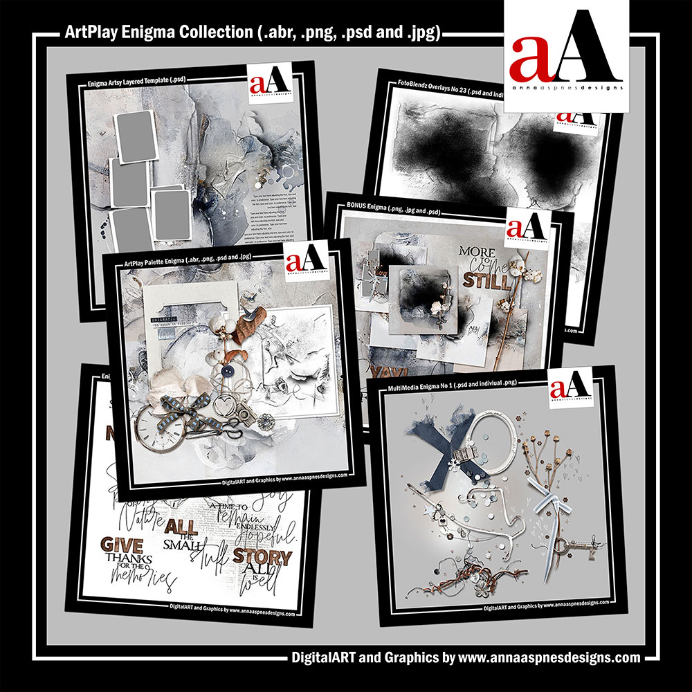 ArtPlay Enigma Collection for Digital Scrapbook and Photo Artistry pages in Adobe Photoshop and Elements by Anna Aspnes Designs.