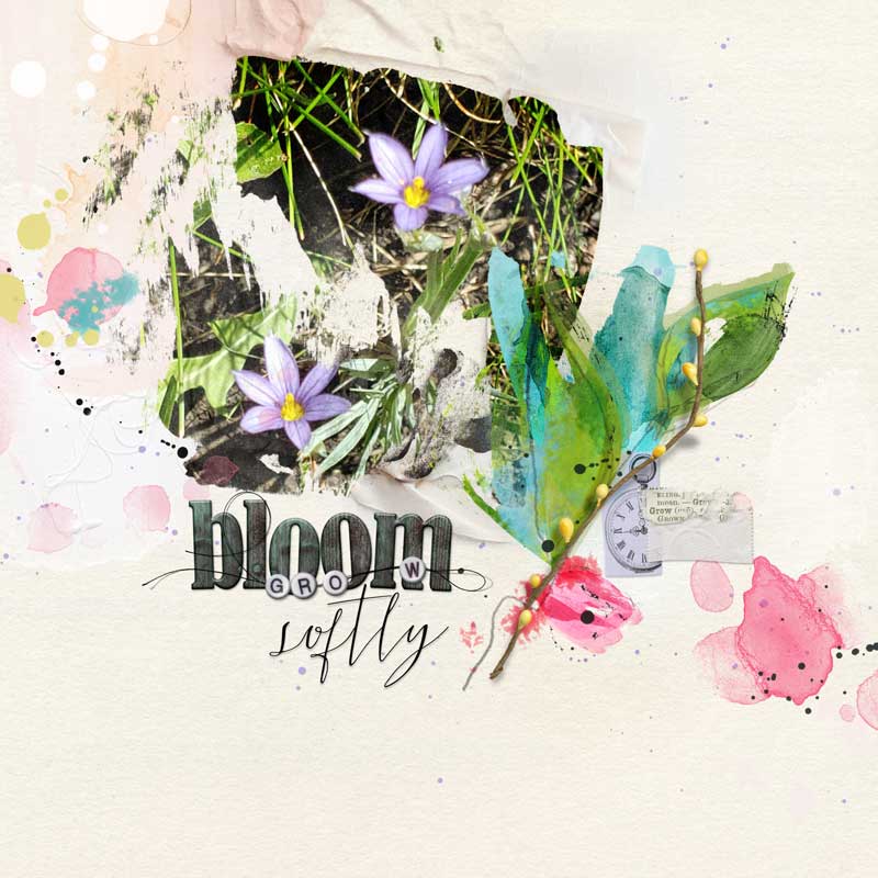 ‘Bloom Softly’ Spring Digital Scrapbook and Photo Artistry Page Inspiration by Kim Pay using Anna Aspnes Designs ArtPlay Posy Collection