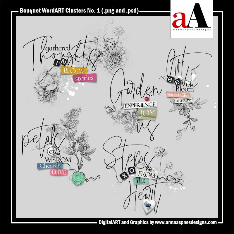 Bouquet WordART Clusters No. 1 Title Embellishments for Digital Scrapbooking and Photo Artistry by Anna Aspnes Designs